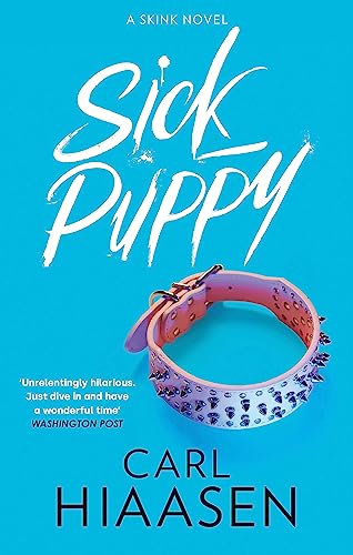 Book cover: "Sick Puppy" by Carl Hiaasen, with a pink spiked dog collar.