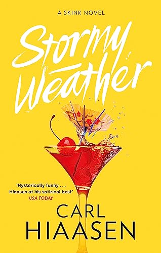 Book cover: "Stormy Weather" by Carl Hiaasen, with a cocktail and cherry.