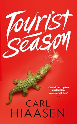 Book cover: "Tourist Season" with a toy alligator and sparkler.