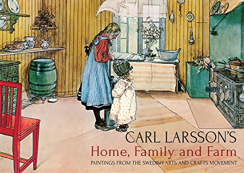 Watercolor painting of a woman and child in a rustic Swedish kitchen interior.