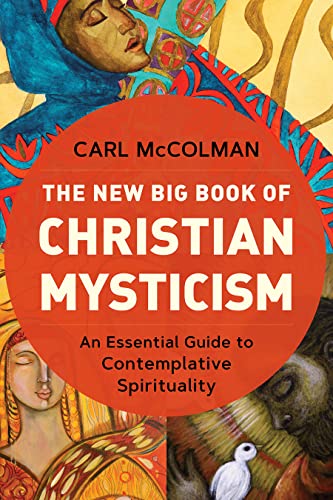 Book cover with a large orange circle containing text over colorful religious-themed artwork.