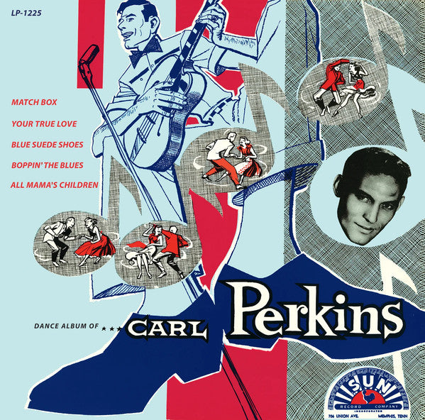 Vintage album cover for Carl Perkins, featuring dancing figures and a portrait.
