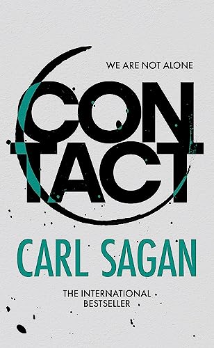 Book cover of Contact by Carl Sagan with black text on a grey background.