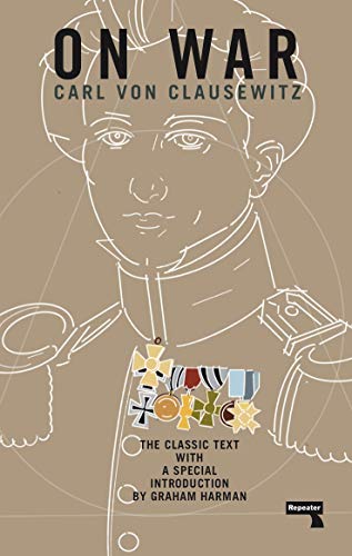 Book cover: "On War" by Carl von Clausewitz, sketched portrait, medals.