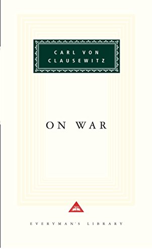 Book cover: "On War" by Carl von Clausewitz, cream background.