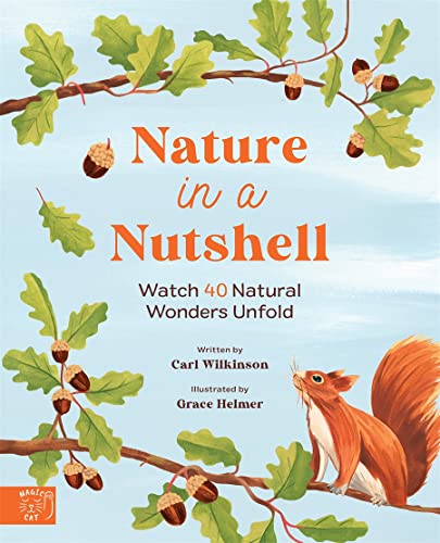 Book cover with acorns, leaves, a squirrel, and the title “Nature in a Nutshell”.