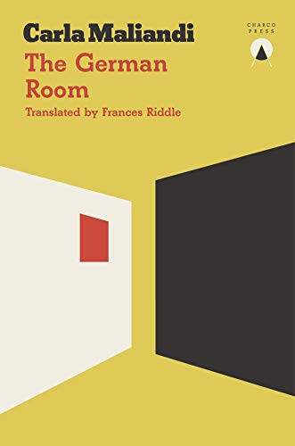 Book cover: "The German Room" with abstract geometric shapes on yellow.