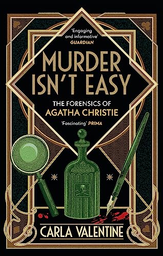 Book cover: “Murder Isn’t Easy” with magnifying glass, bottle, and pen.