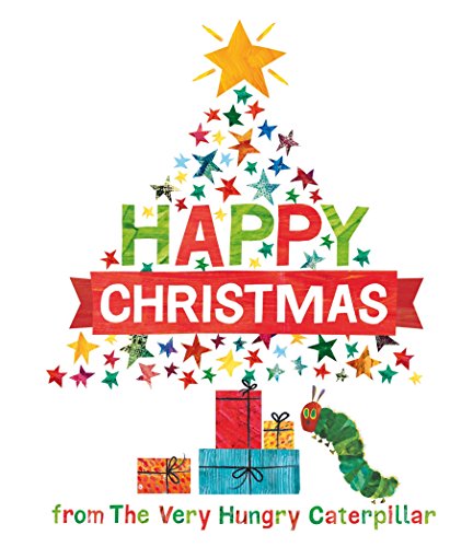 Christmas tree made of stars with "Happy Christmas" text and a caterpillar near presents.