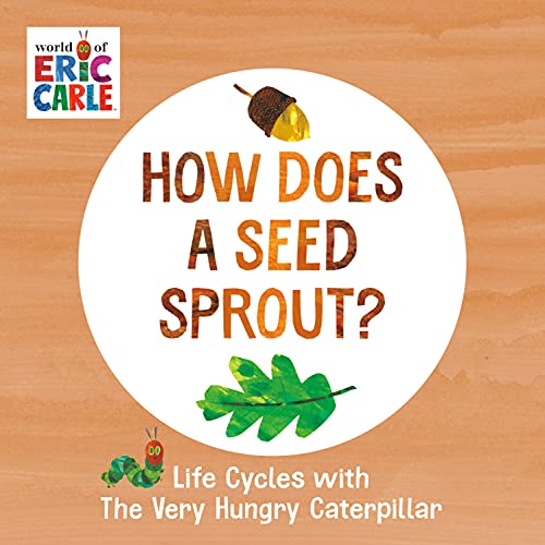 Book cover with text, acorn, leaf, and The Very Hungry Caterpillar.