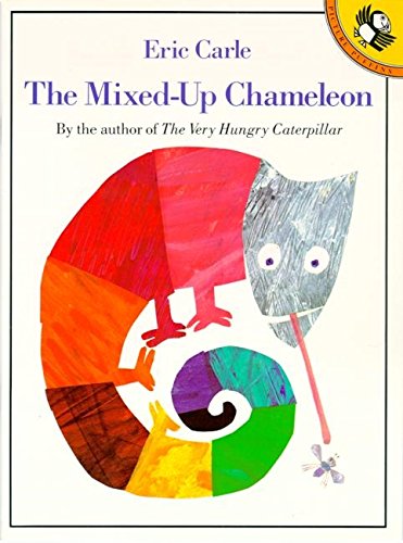 The image depicts a children's book cover featuring a multicolored chameleon. Alt text: Colorful chameleon with mixed animal parts on a white background.