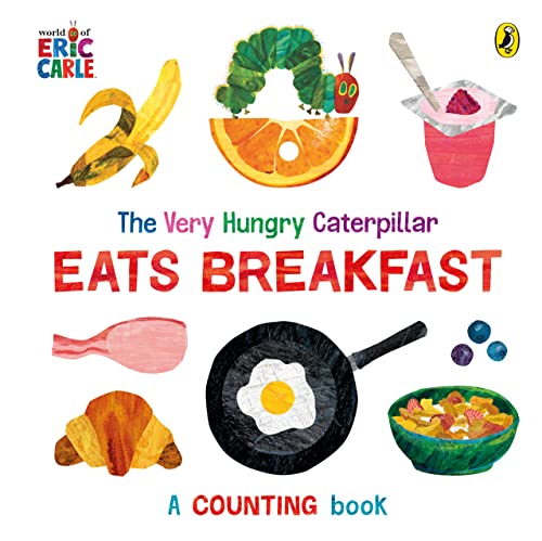 Colorful children’s book cover featuring a caterpillar and breakfast foods.