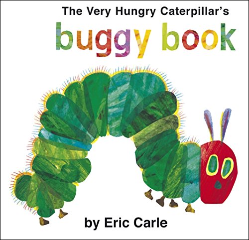 "Children's board book with red strap and clip, featuring a caterpillar on the cover."