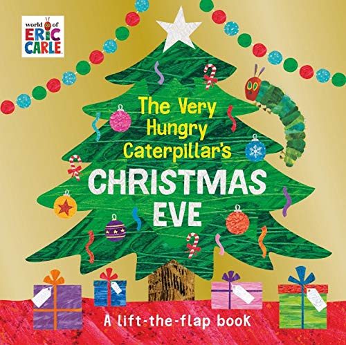 "Children's book cover featuring a caterpillar decorating a Christmas tree with ornaments and presents."