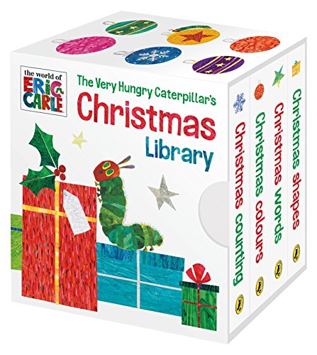 A boxed set of four Very Hungry Caterpillar Christmas books featuring festive gift illustrations.