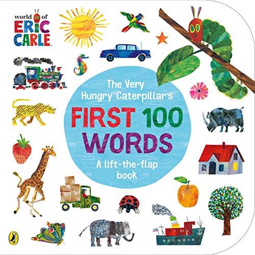 The Very Hungry Caterpillar's First 100 Words" lift-the-flap board book cover.