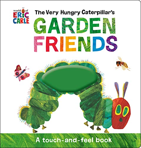 Green caterpillar with butterfly and bee on a colorful book cover.