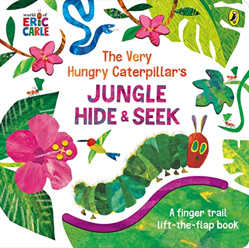 Colorful children’s book cover featuring The Very Hungry Caterpillar in a jungle.