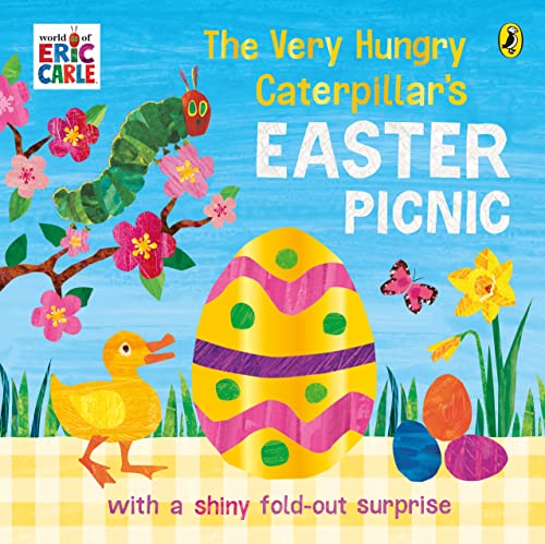 Book cover featuring the Very Hungry Caterpillar, a yellow duck, and a patterned Easter egg.