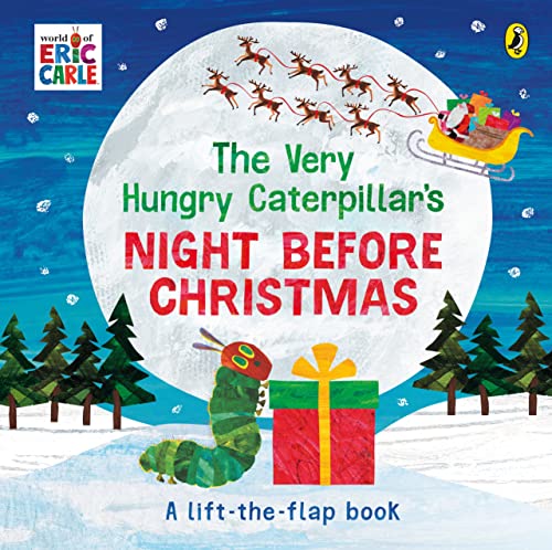 Book cover: caterpillar with Christmas gift, Santa’s sleigh, and moon.
