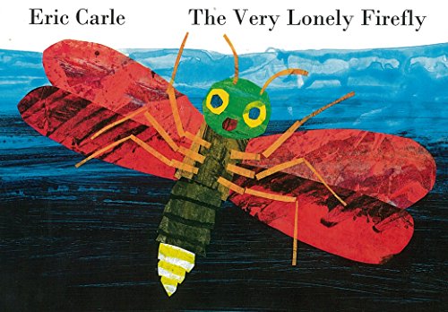 "Children's book cover featuring a green firefly with red wings over water."