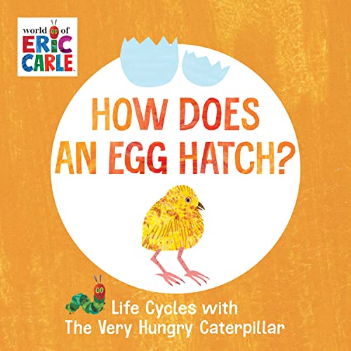 Book cover: cracked egg, chick, and caterpillar, with orange background.