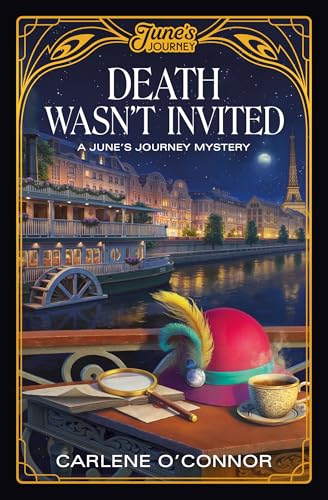 Book cover: a canal scene with a red hat, magnifying glass, and teacup.