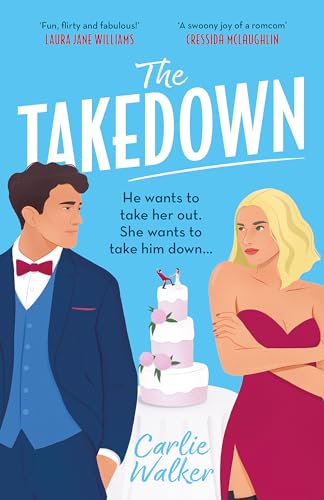 Book cover: “The Takedown” featuring illustrated couple and wedding cake.