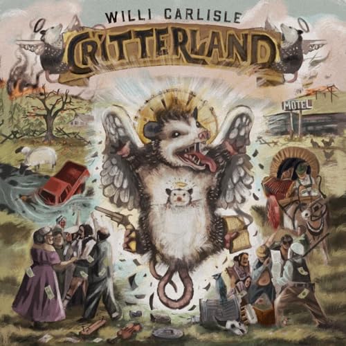Album cover for "Critterland" featuring a winged opossum and whimsical scene.