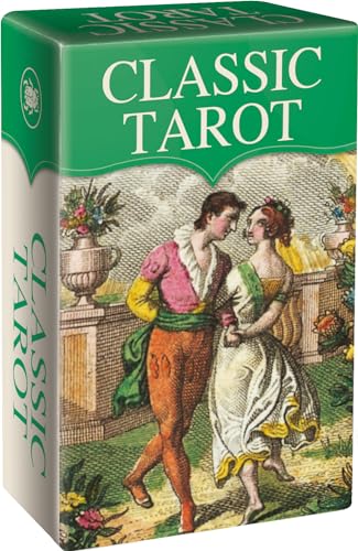 Green box of "Classic Tarot" cards with illustrated couple on front.