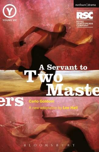 Play script cover for “A Servant to Two Masters” with a running figure.
