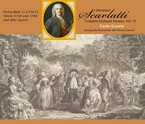 The image depicts a CD cover featuring a classical music album. Key elements of the image include: - A portrait of a man in 18th-century attire - A title and artist name, "Domenico Scarlatti" and "Carlo Grante" - A background image of people in 18th-century clothing A concise description of the image is: A CD cover featuring a man in 18th-century attire, with the title "Domenico Scarlatti" and