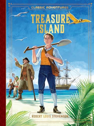 Cover of “Treasure Island” featuring a boy with a shovel and pirates.