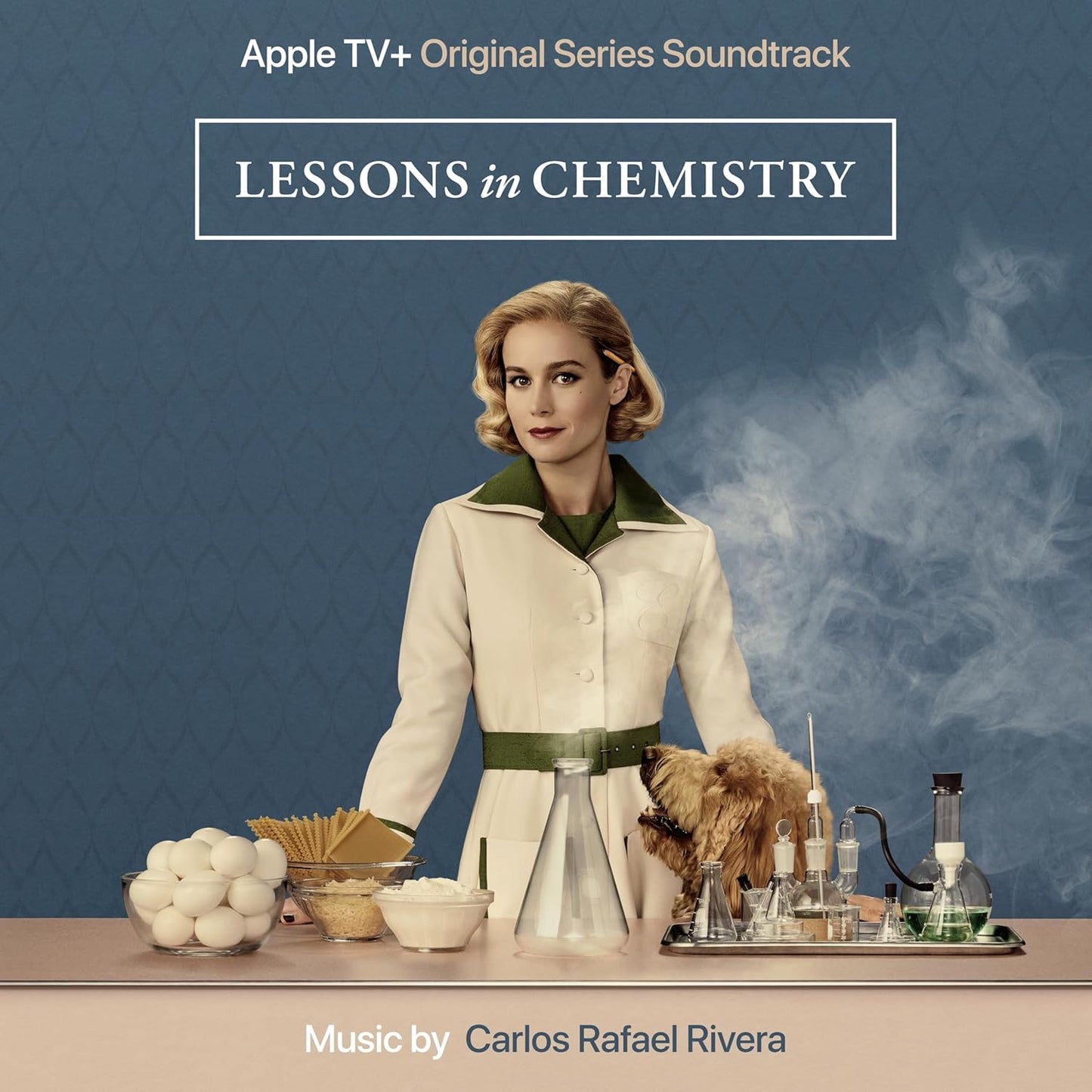 “Lessons in Chemistry” soundtrack vinyl cover featuring Brie Larson and lab equipment.