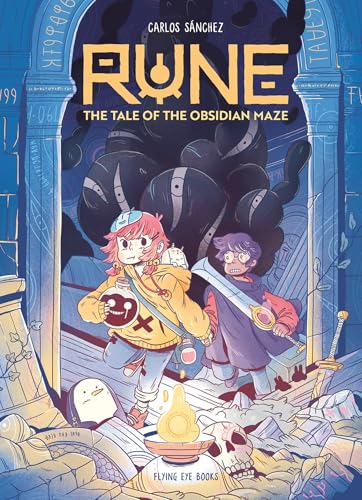 Two children run through a blue stone archway filled with dark, orb-like creatures.