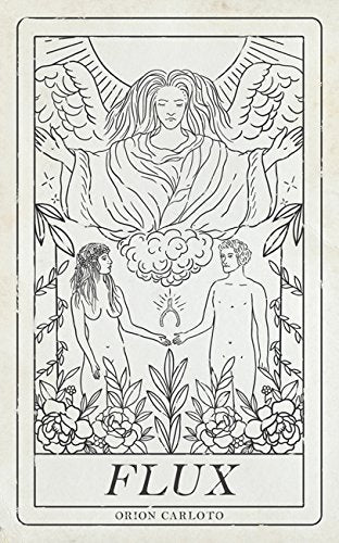 Black and white illustration of figures with wings and floral details.