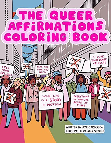 Coloring book cover depicting a diverse group protesting with affirming signs.