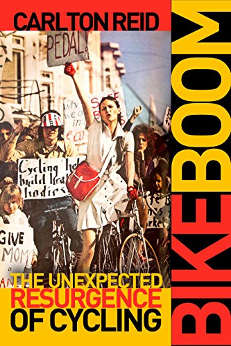 Book cover: "Bike Boom" with a woman raising a fist on a bicycle.