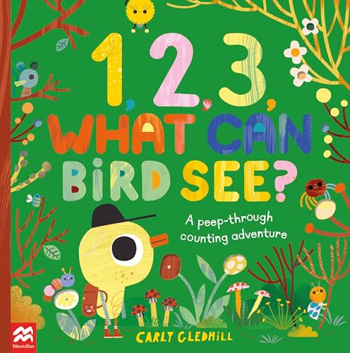 Children’s book cover with colorful numbers, a bird, and peek-through holes.