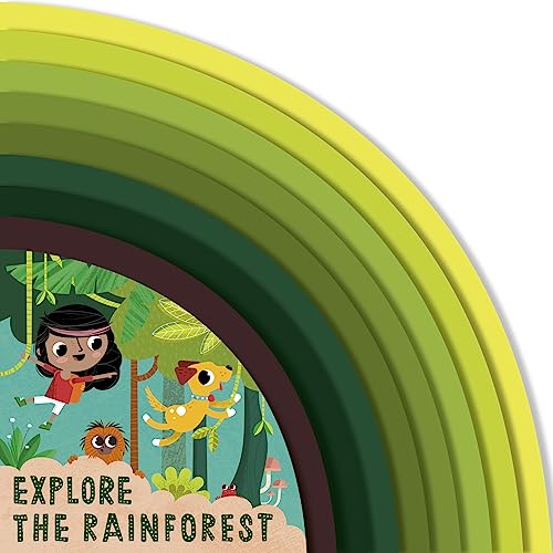 Book cover with layered green shapes and rainforest illustration.