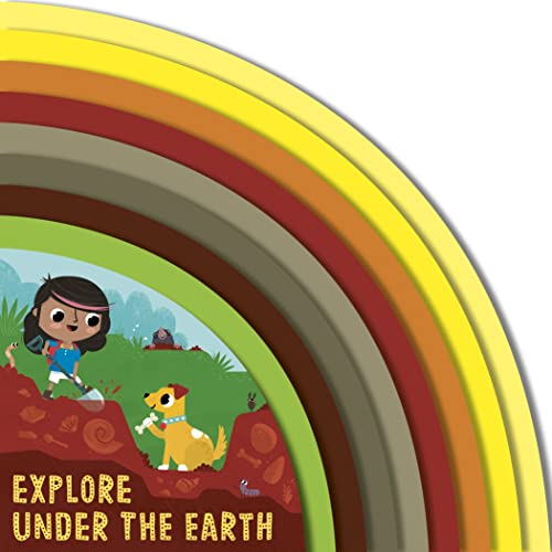 Book cover with layered earth sections, a girl, and a dog exploring.