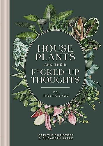 Book cover with dark green background, surrounded by illustrations of various houseplants.