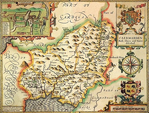 1610 map of Carmarthenshire, Wales, with decorative borders and heraldry.