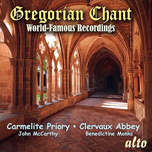 CD cover featuring a stone abbey corridor and gold text: "Gregorian Chant".
