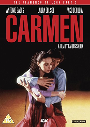 DVD cover for "Carmen" featuring a couple embracing, flamenco style.