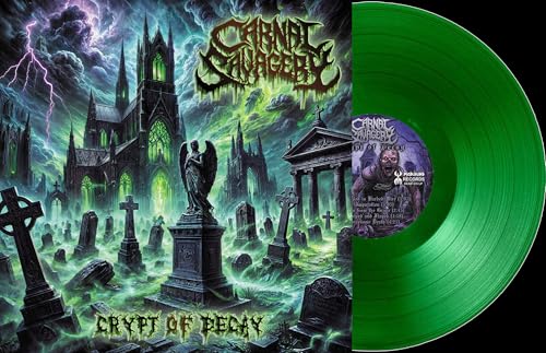 Album cover art of a gothic cemetery with a green vinyl record beside it.
