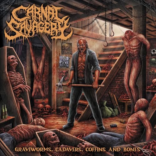 Dark album cover depicting gore, corpses, and a man with an axe.