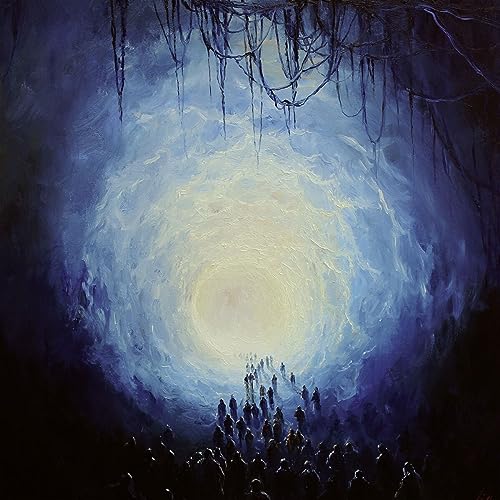 Dark, swirling painting of a bright vortex with silhouetted figures below.