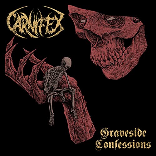 Carnifex album cover: skeletal hand holding a figure, red on black.