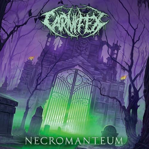 Album cover for Carnifex’s “Necromanteum” featuring a gothic castle and green mist.